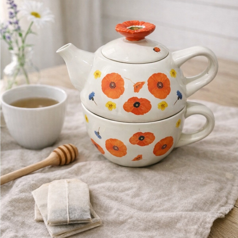 Floral Tea Set with Orange Poppies